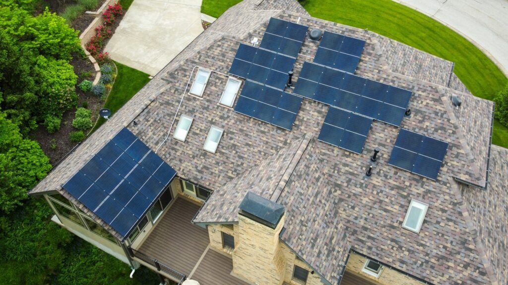 Solar panels on roof of home - Residential Application - Ariel View