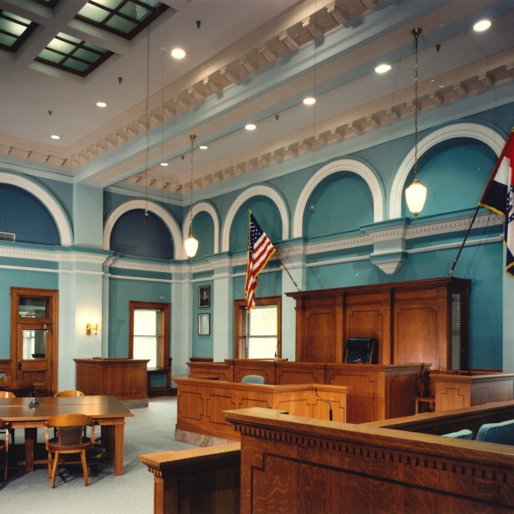 Inside of Boone County Courthouse with judge and jury seats