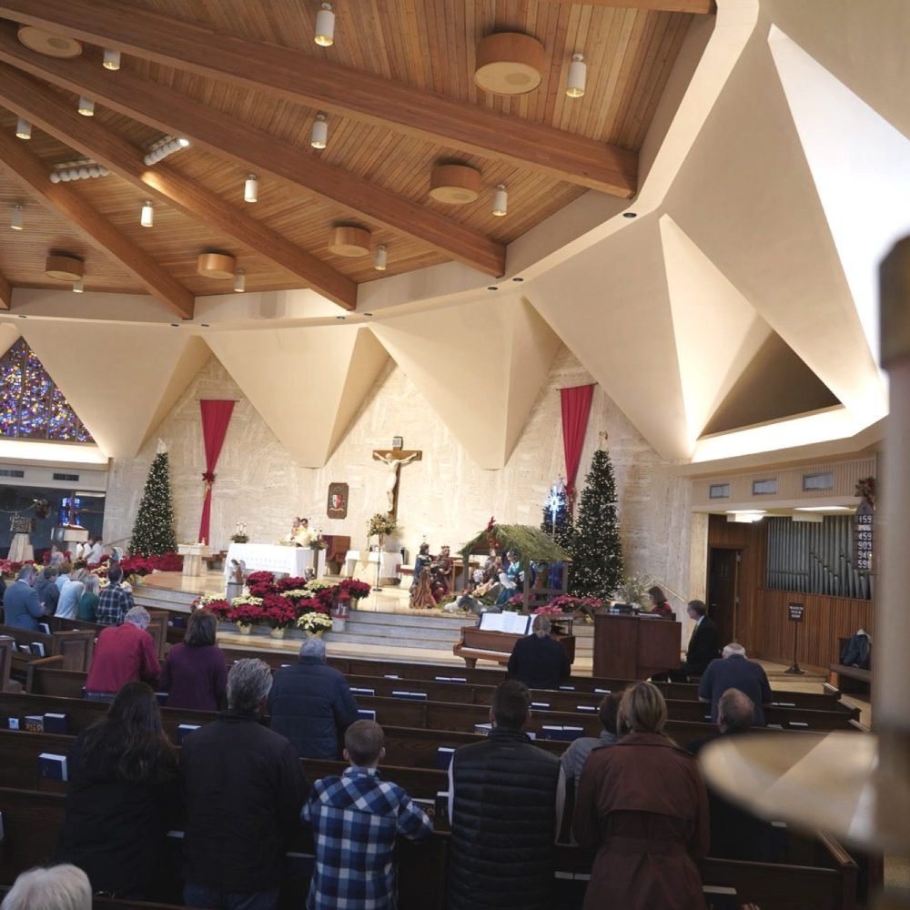 Inside of Cathedral of St. Joseph church in a pew facing the altar