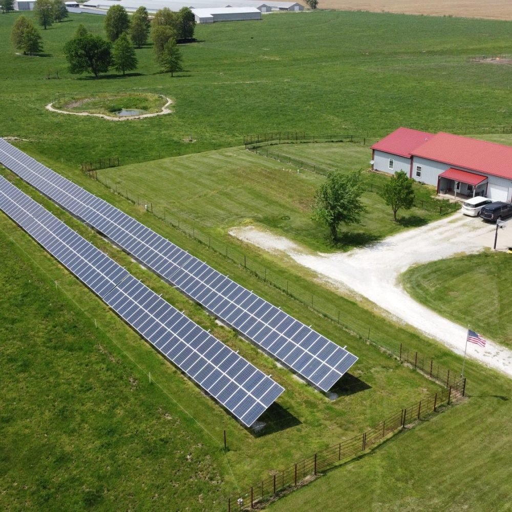 Aerial view of solar panels in field application